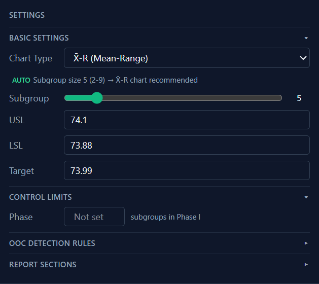Settings panel: X̄-R chart, subgroup size 5, specification limits